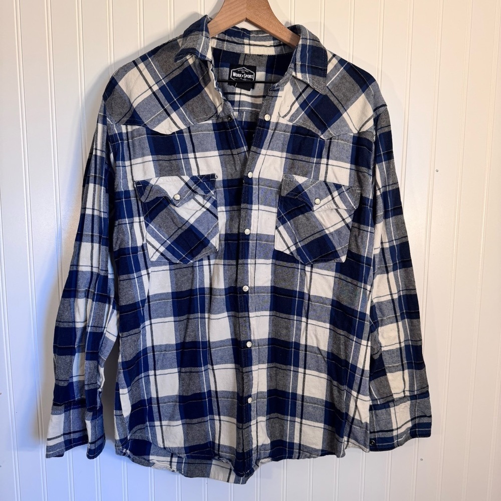 Work N Sport Plaid Flannel Snap Button Down Men’s Blue & Gray Size Large